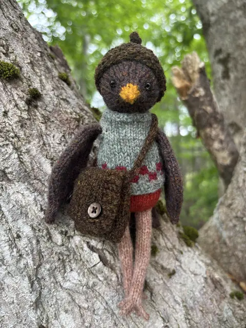 Hand-knitted dark bird wearing a patterned vest and shoulder bag